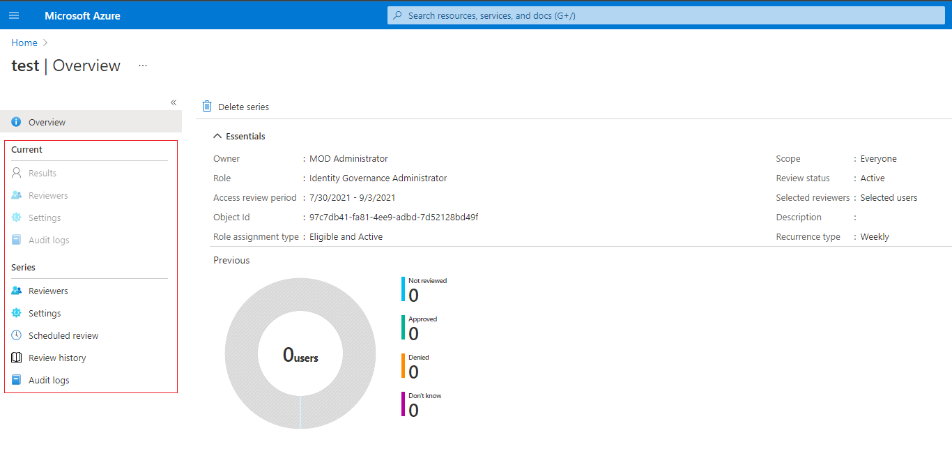 Captura de pantalla de la página de configuración de revisiones de acceso.