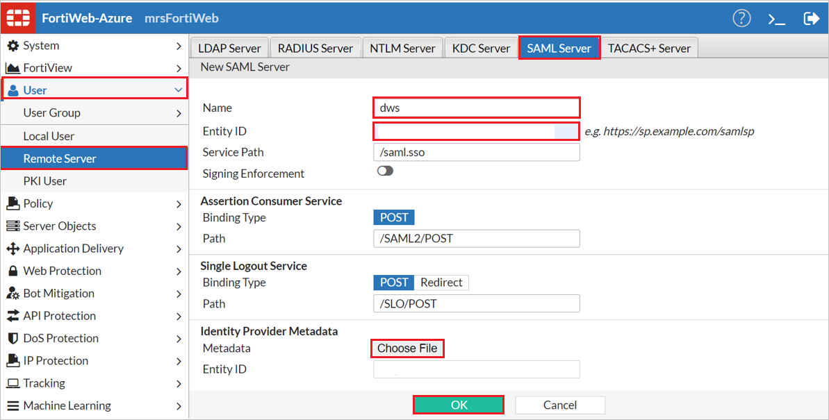 Screenshot for SAML server page
