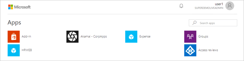 Screenshot of the Apps window for myapps.microsoft.com showing icons for Add-in, HRWEB, Akamai - CorpApps, Expense, Groups, and Access reviews.