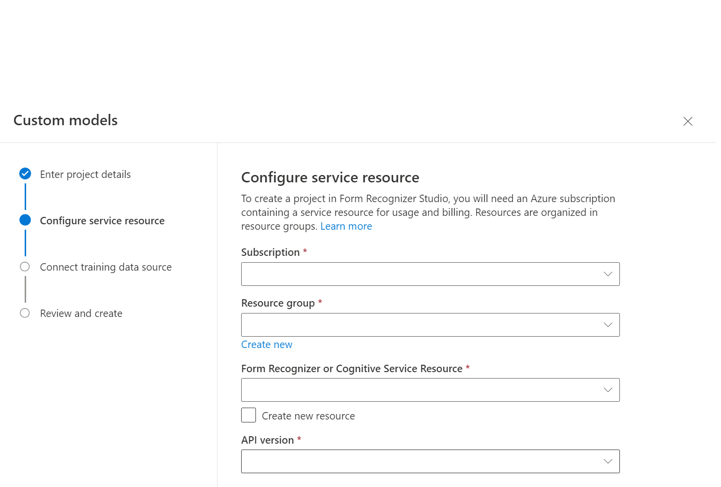 Captura de pantalla de la opción Seleccionar el recurso de Documento de inteligencia.