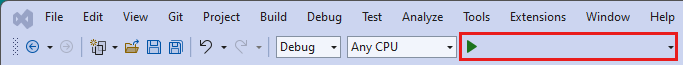 Captura de pantalla del botón Ejecutar el programa Visual Studio.