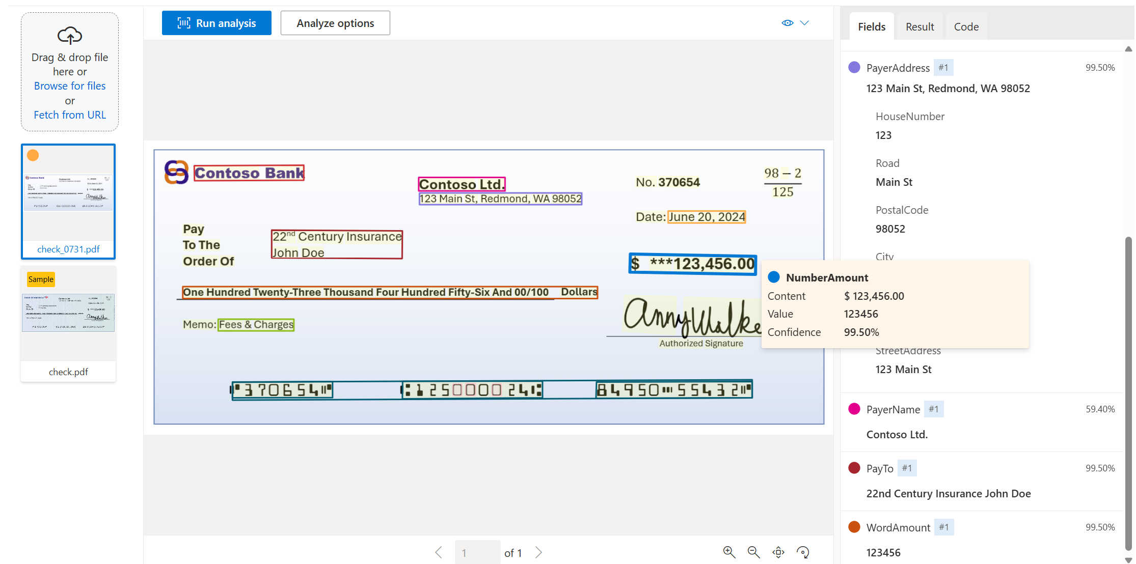 Captura de pantalla que muestra Comprobar el análisis de modelos mediante Document Intelligence Studio.