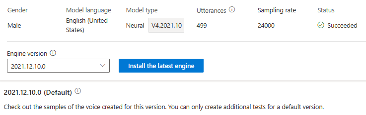 Captura de pantalla de la selección del botón Instalar el motor más reciente para actualizar el motor.