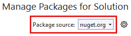 Captura de pantalla que muestra el cuadro de diálogo Administrar paquetes NuGet para la solución con la pestaña Examinar, el cuadro Buscar y Origen del paquete resaltados.
