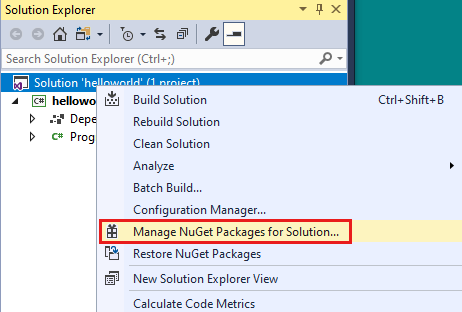 Captura de pantalla del Explorador de soluciones, con la opción Administrar paquetes NuGet para la solución resaltada.