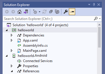 Captura de pantalla que muestra el proyecto helloworld visible en Visual Studio.