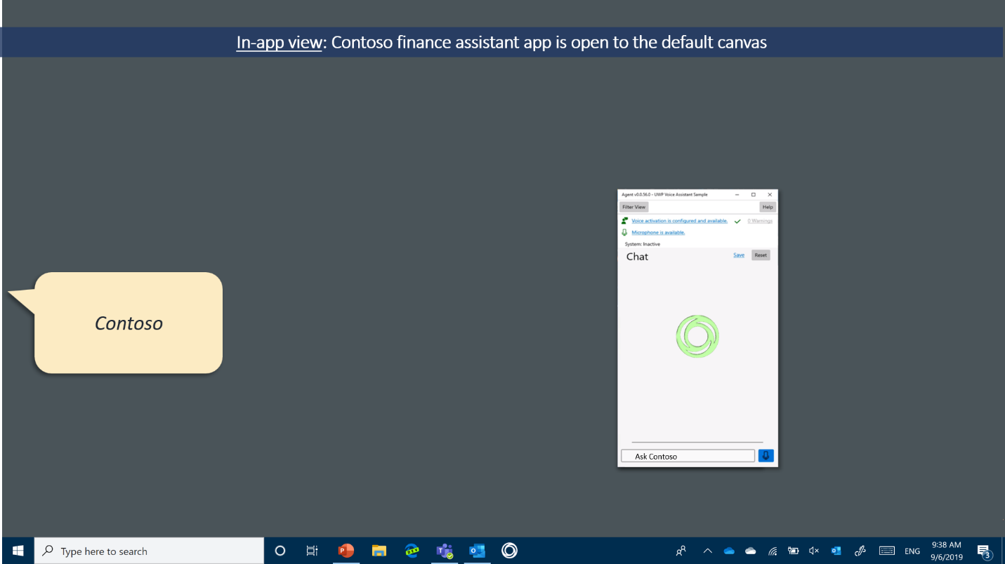 Screenshot showing the Contoso finance assistant app open to it's default canvas. A cartoon speech bubble on the right says 