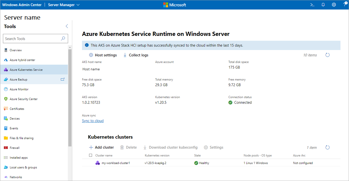 Captura de pantalla que muestra el panel de herramientas de Azure Kubernetes Service.