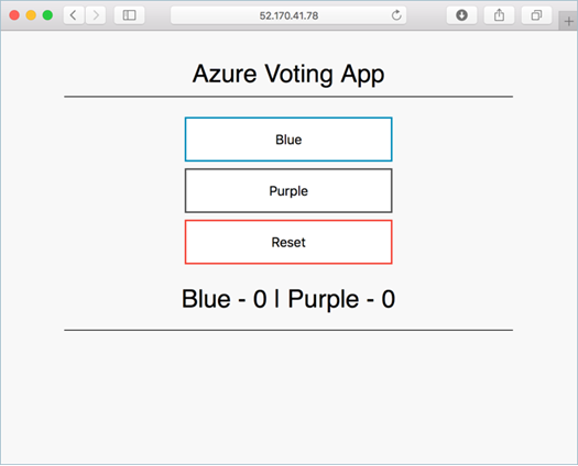 Captura de pantalla que muestra un ejemplo de la imagen actualizada de Azure Voting App, que se ejecuta en un clúster de AKS, abierta en un explorador web local.