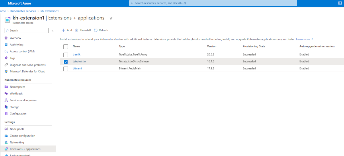 Se muestra la página de Azure&nbsp;Portal para el clúster A K S. 