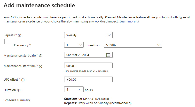 Captura de pantalla que muestra el panel para agregar una programación de mantenimiento en Azure Portal.