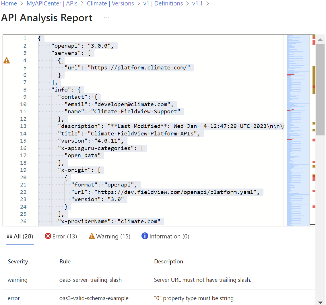 Captura de pantalla de un informe de análisis de API en el portal.