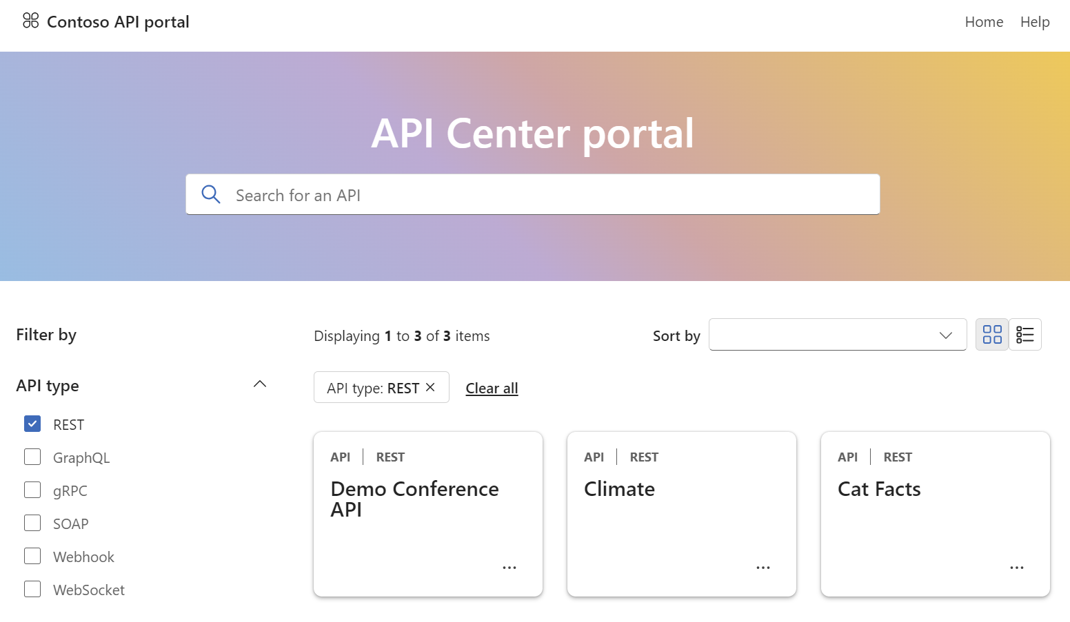 Captura de pantalla del portal de API Center después del inicio de sesión del usuario.