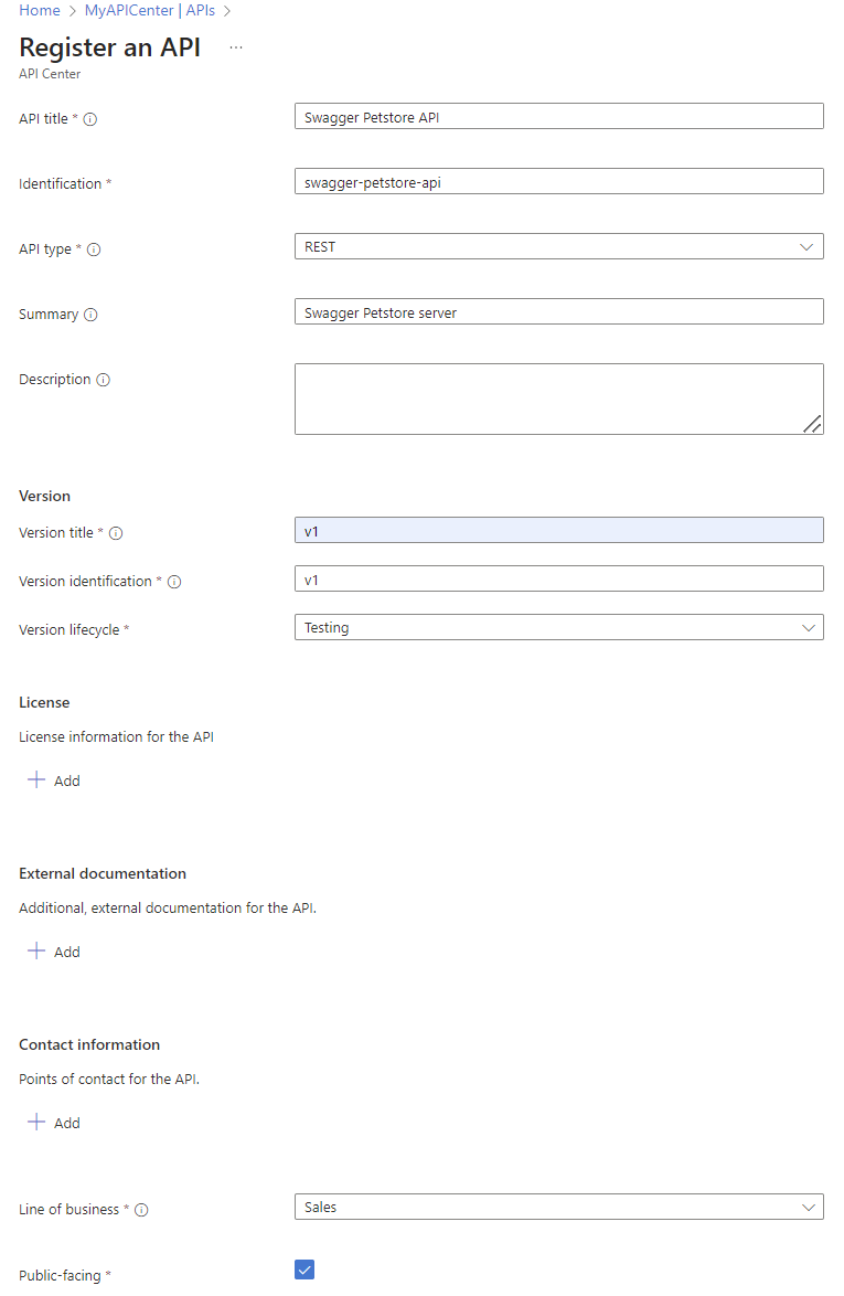 Captura de pantalla del registro de una API en el portal