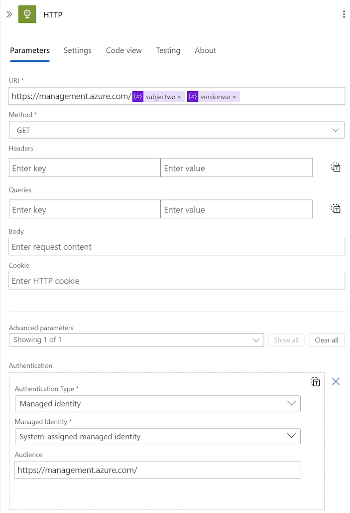 Recorte de pantalla de la acción de solicitud HTTP GET en el portal.