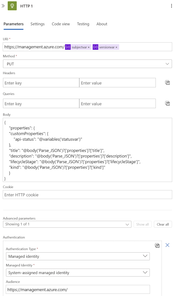 Recorte de pantalla de la acción de solicitud HTTP PUT en el portal.