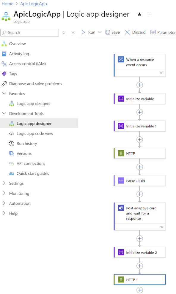 Recorte de pantalla del flujo de trabajo completo en el diseñador de aplicaciones lógicas en el portal.