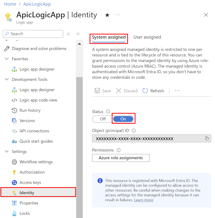 Recorte de pantalla de la configuración de la identidad administrada en el portal.