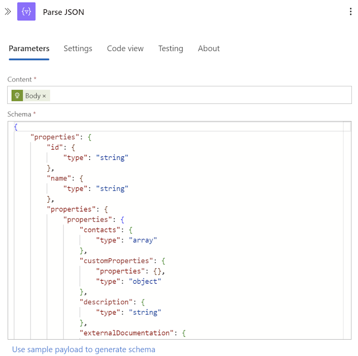 Recorte de pantalla de la acción Analizar JSON en el portal.