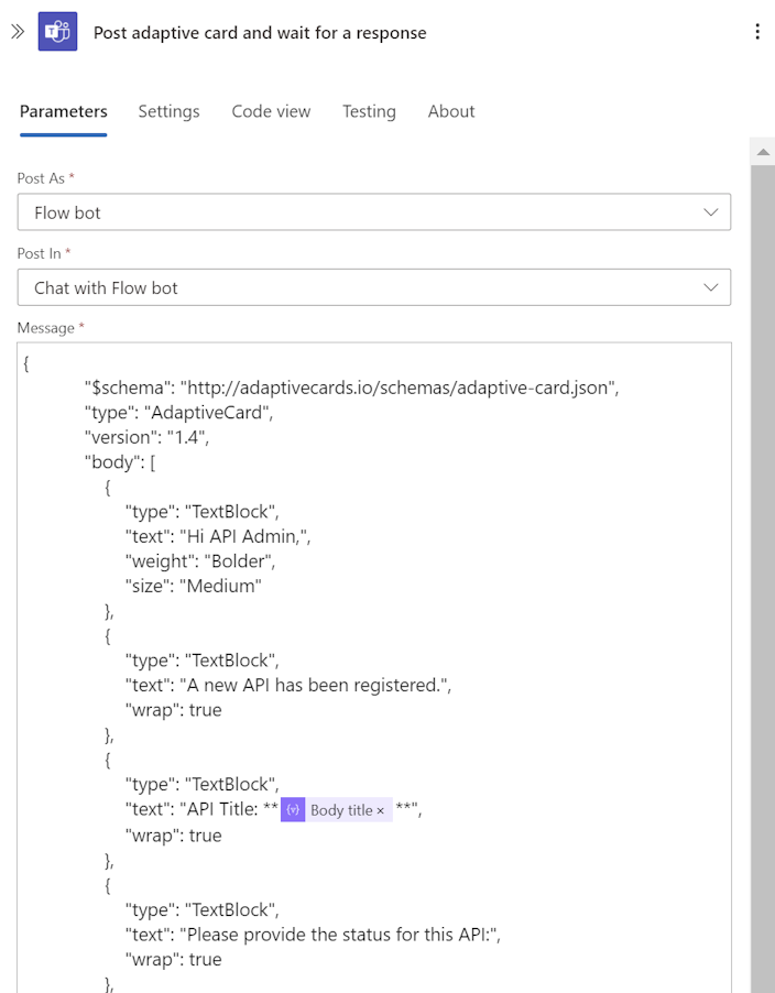 Recorte de pantalla de la acción Publicar una tarjeta adaptable en Teams en el portal.
