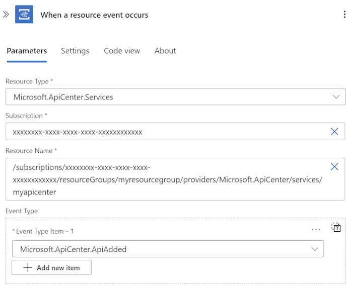 Recorte de pantalla de la acción Cuando se produce un evento de recursos en el portal.