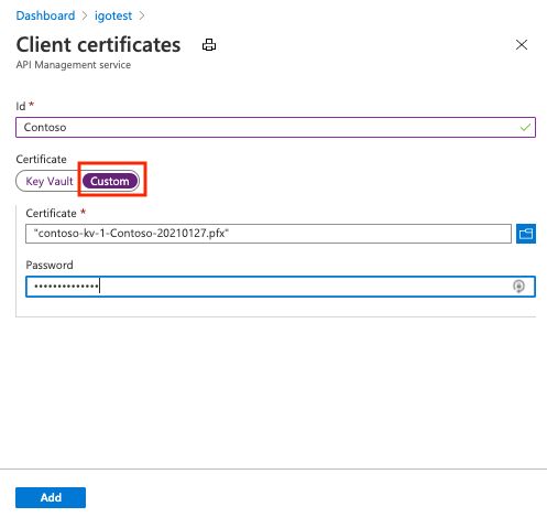 Captura de pantalla de la carga de un certificado cliente a API Management en el portal.