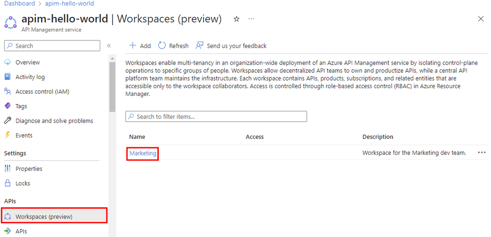 Captura de pantalla de las áreas de trabajo de la instancia de API Management en el portal.