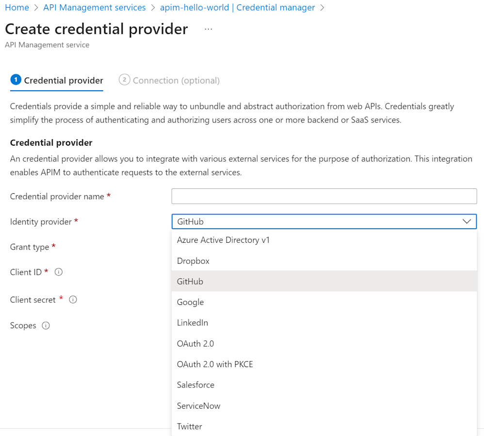 Captura de pantalla de los proveedores de identidad que aparecen en el portal.