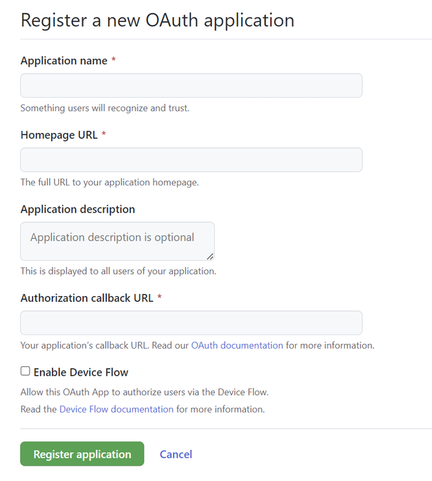 Captura de pantalla que muestra el registro de una nueva aplicación OAuth en GitHub.