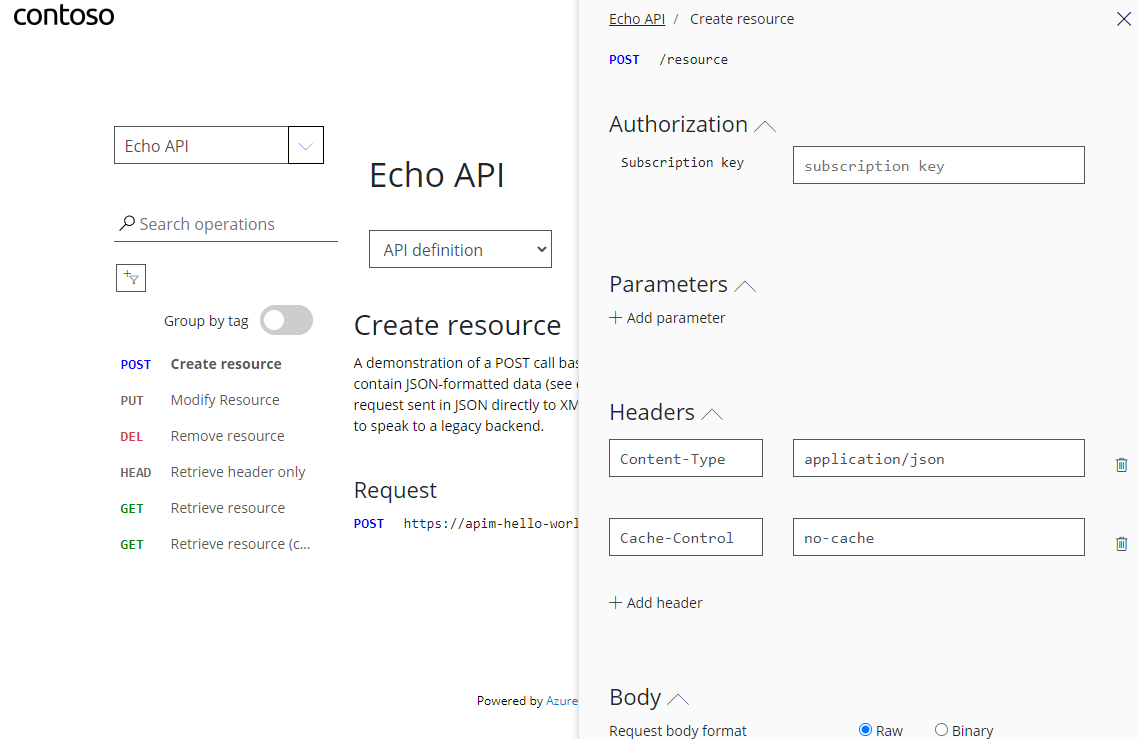 Captura de pantalla de la consola de prueba en el portal para desarrolladores de API Management.