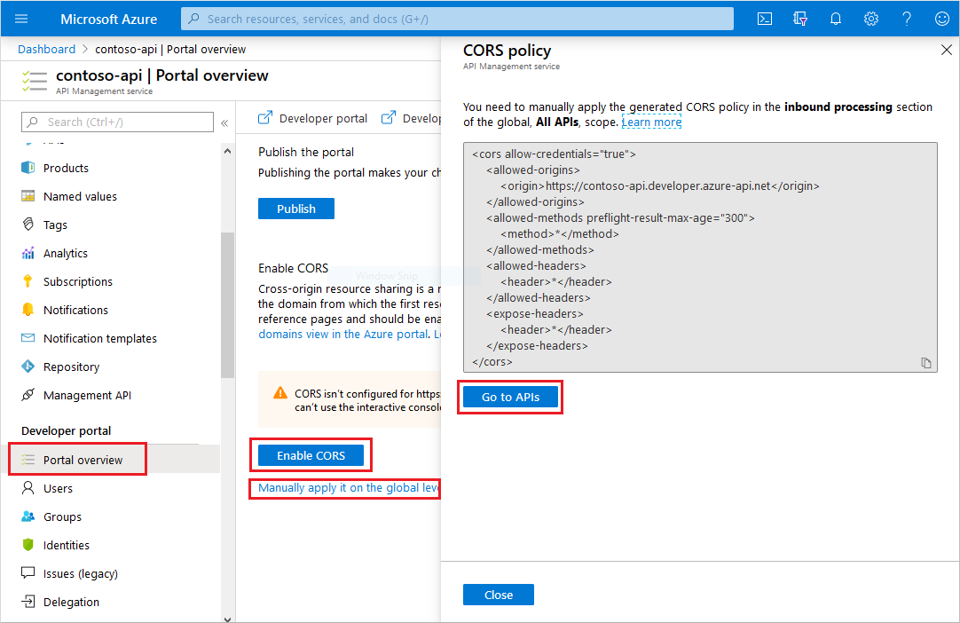 Captura de pantalla que muestra dónde comprobar el estado de la directiva de CORS en el portal para desarrolladores.