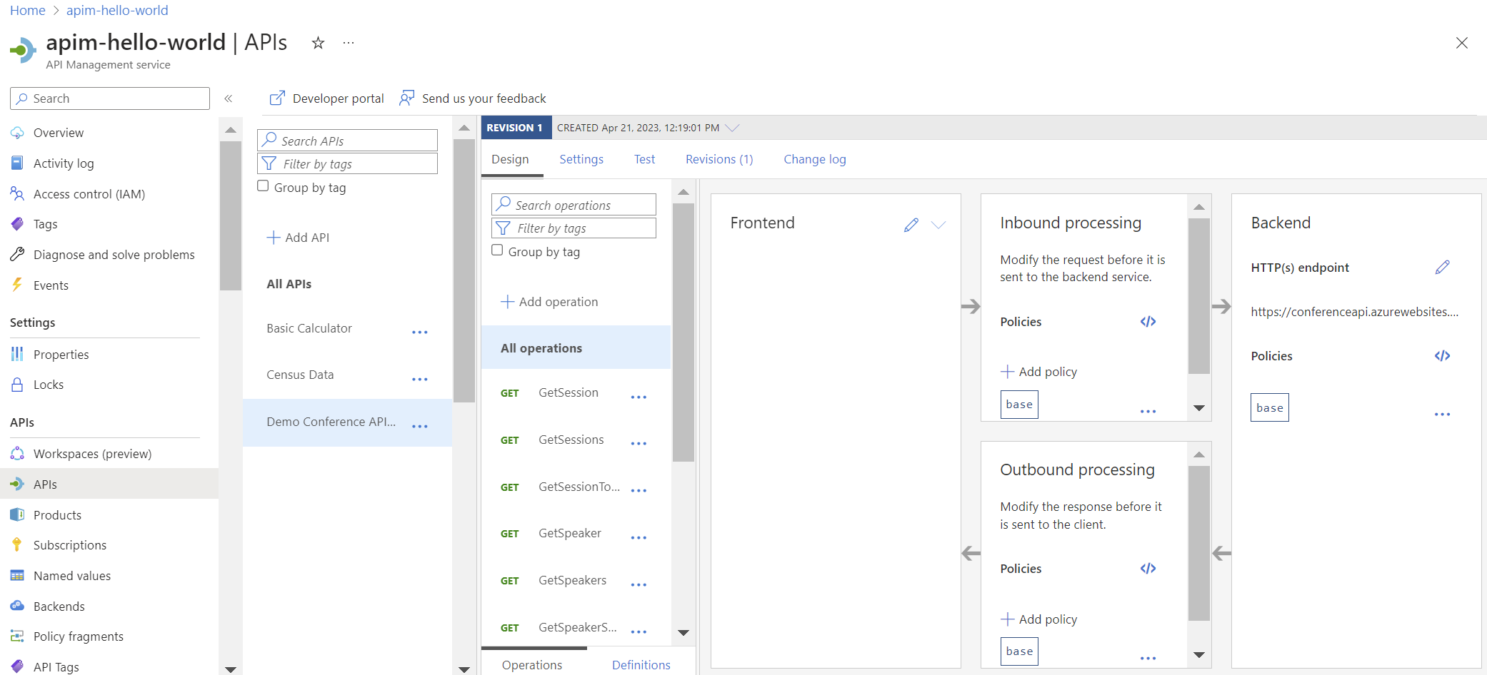 Captura de pantalla de una nueva API de API Management en el portal.