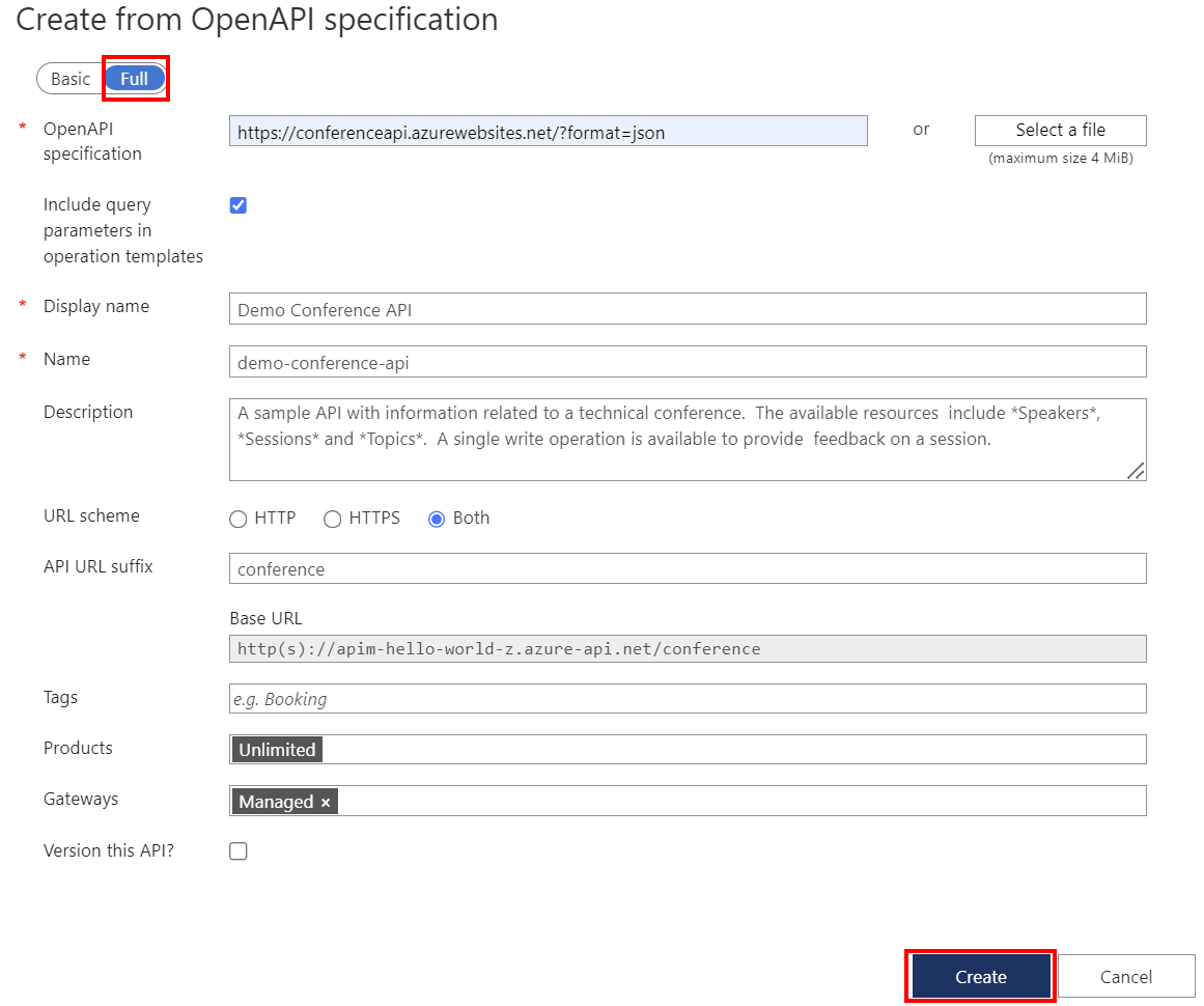 Captura de pantalla de la creación de una API en el portal.