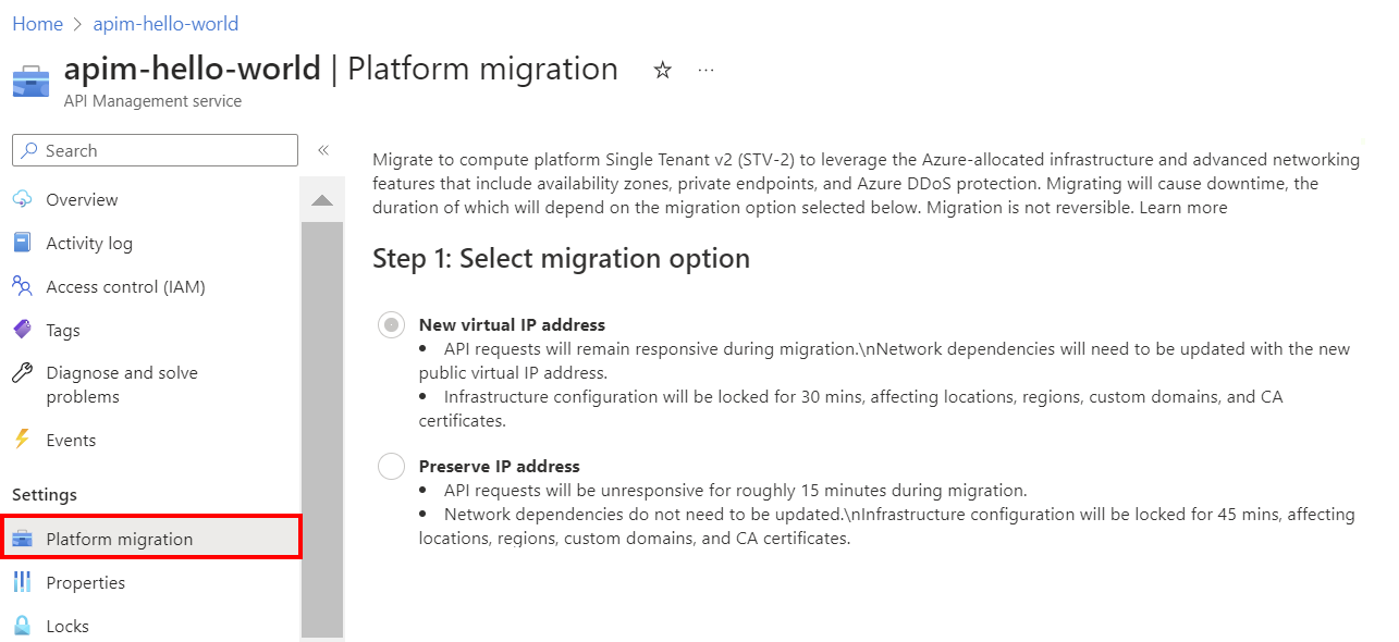 Captura de pantalla de la migración de la plataforma de API Management en el portal