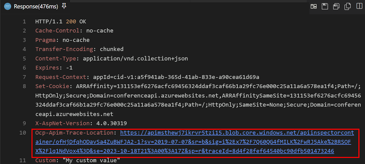 Captura de pantalla de la ubicación de seguimiento en la respuesta de prueba de API en Visual Studio Code
