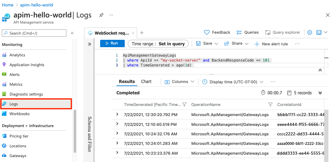 Consulta de registros para solicitudes de API de WebSocket