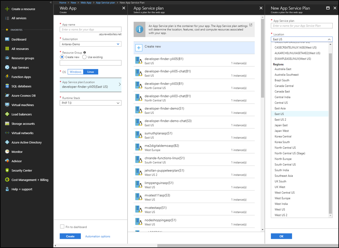 Captura de pantalla de Azure Portal que muestra el panel Aplicación web, el panel Plan de App Service y el panel Nuevo plan de App Service abiertos.