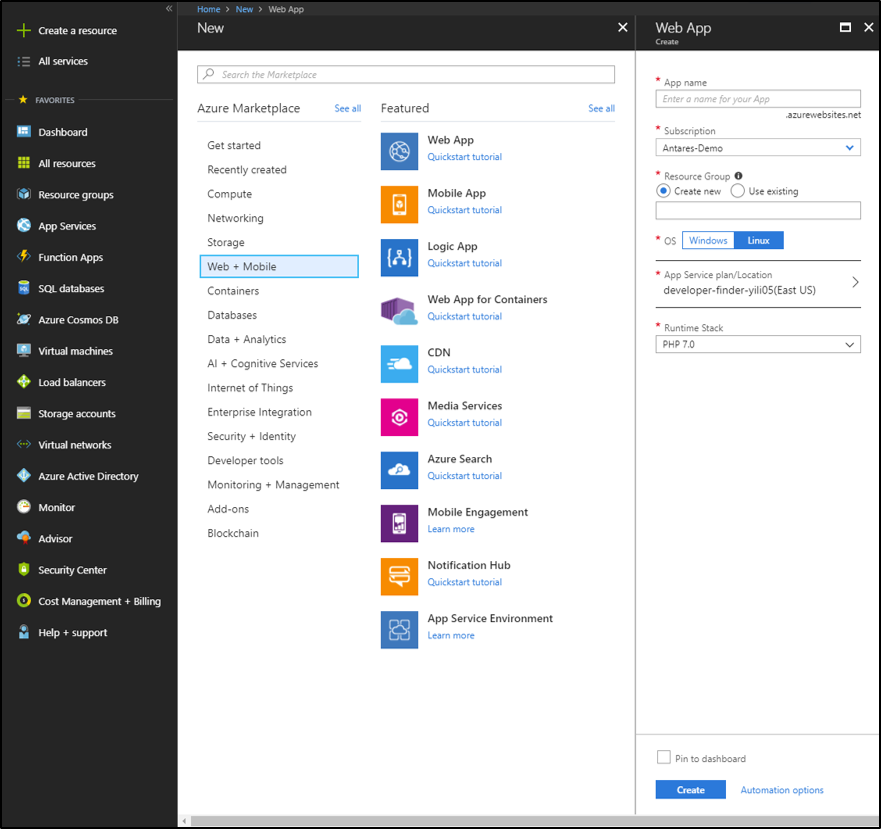 Screenshot of the Azure portal showing Web + Mobile selected in the Azure Marketplace and the screen for creating a new Web App open on the right.