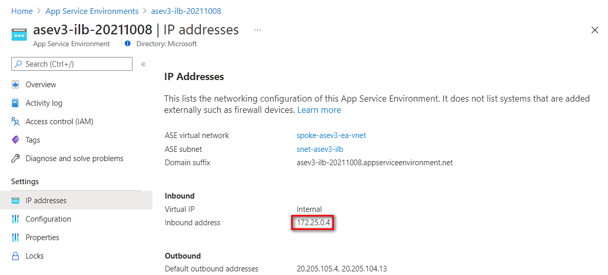 Captura de pantalla de la obtención de la dirección de entrada de la configuración de direcciones IP de ASE con ILB.