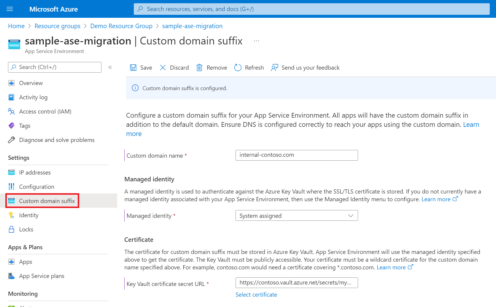 Captura de pantalla que muestra la página para la configuración del sufijo de dominio personalizado para App Service Environment v3.