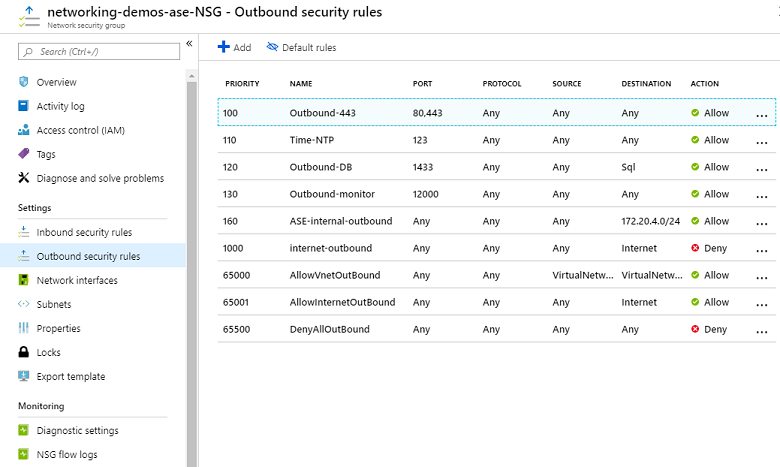 Screenshot that shows outbound security rules.
