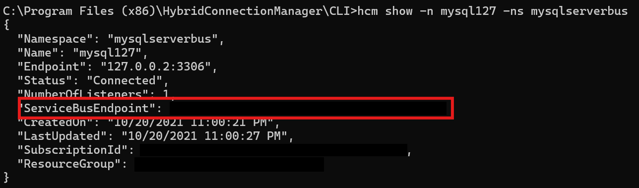 Captura de pantalla del punto de conexión híbrida de Service Bus en la CLI.