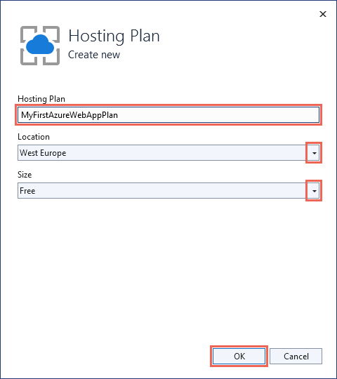Captura de pantalla de cómo crear un nuevo plan de hospedaje en Azure Portal.