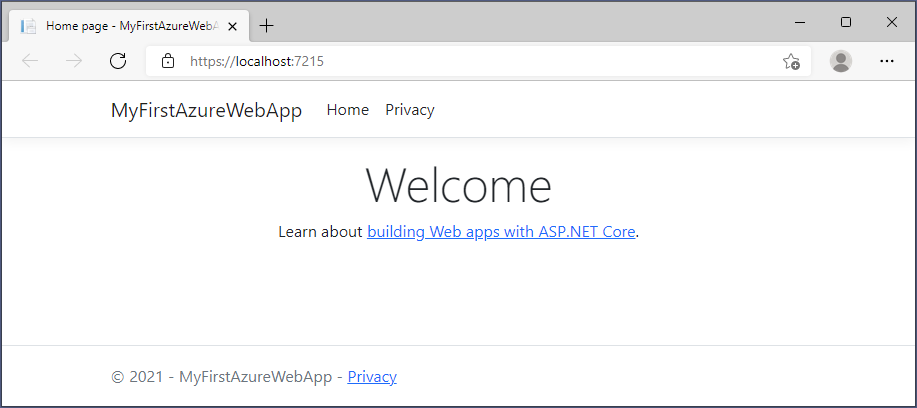 Captura de pantalla de Visual Studio Code: ASP.NET Core 6.0 en un explorador local.