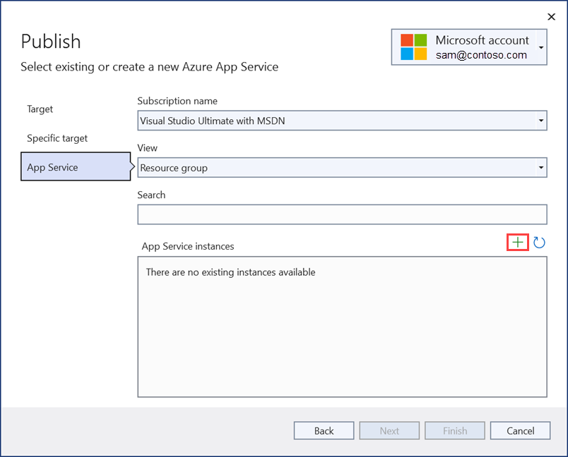 Captura de pantalla de Visual Studio: cuadro de diálogo de la aplicación de la nueva instancia de App Service.
