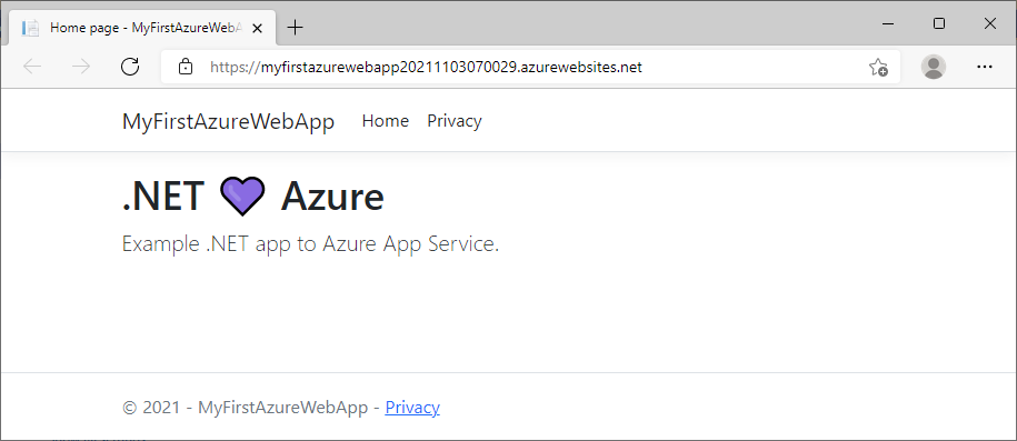 Captura de pantalla de Visual Studio: aplicación web actualizada de ASP.NET Core 6.0 en Azure