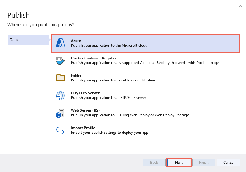 Captura de pantalla de Visual Studio: publicación de la aplicación web y uso de Azure como destino.