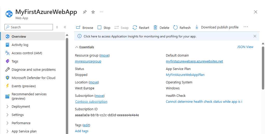 Captura de pantalla de Azure Portal: página de información general de App Service.