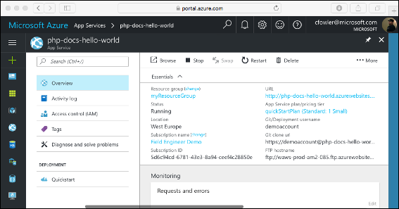 Página de App Service en Azure Portal