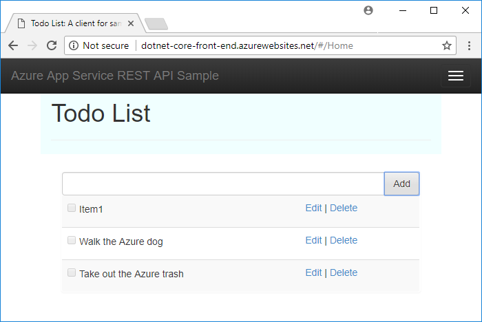 Captura de pantalla de un ejemplo de API REST de Azure App Service en una ventana del explorador en la que se muestra una aplicación de lista de tareas pendientes.